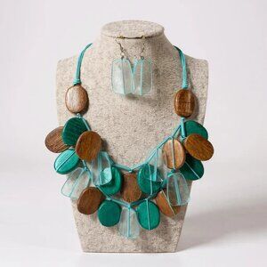 Two Layers Teal And Brown Oval Shape Wooden Bead Chunky Necklace Earring Set